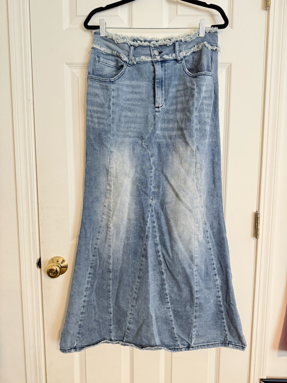 Fashion Nova Light Blue Washed Denim Maxi Skirt with Frayed Waist